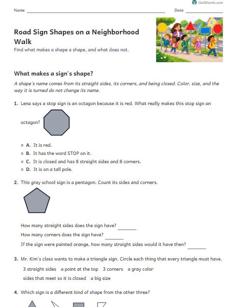 Road Sign Shapes on a Neighborhood Walk worksheet preview
