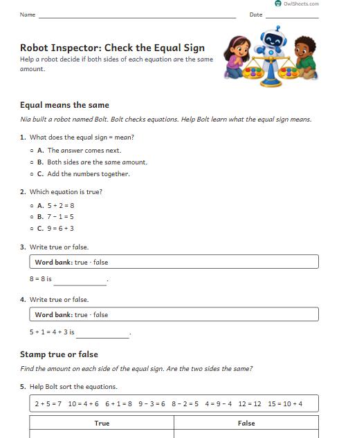 Robot Inspector: Check the Equal Sign worksheet preview