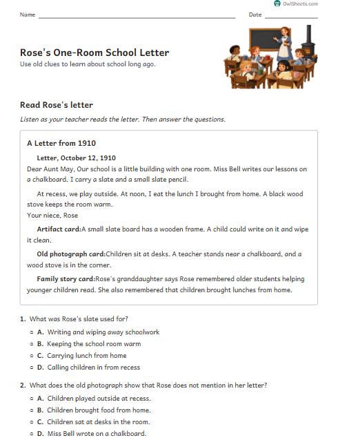 Rose's One-Room School Letter worksheet preview