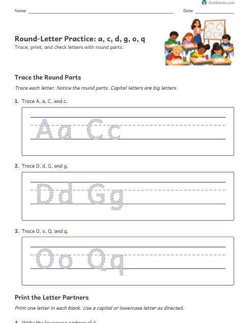 Round-Letter Practice: a, c, d, g, o, q worksheet preview