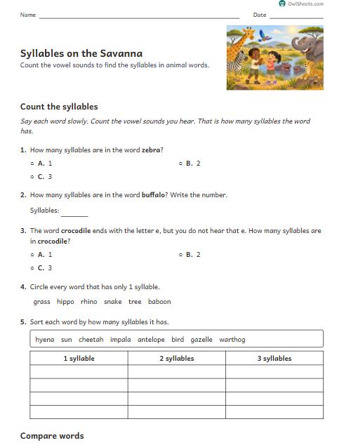 Syllables on the Savanna worksheet preview