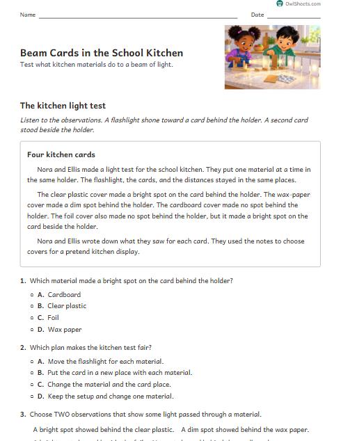 Beam Cards in the School Kitchen worksheet preview