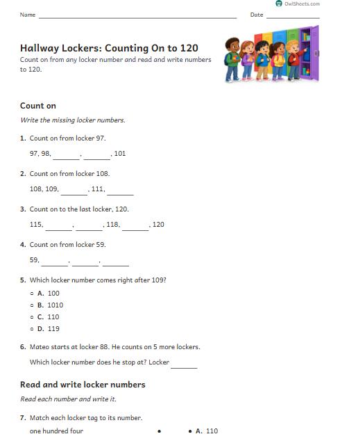 Hallway Lockers: Counting On to 120 worksheet preview