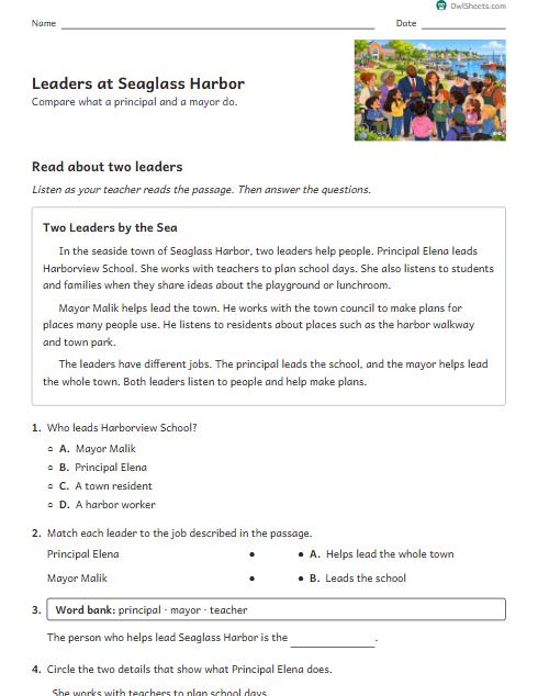 Leaders at Seaglass Harbor worksheet preview