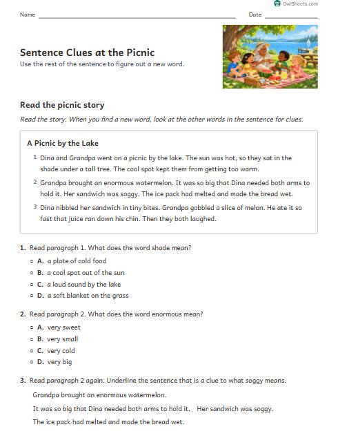 Sentence Clues at the Picnic worksheet preview