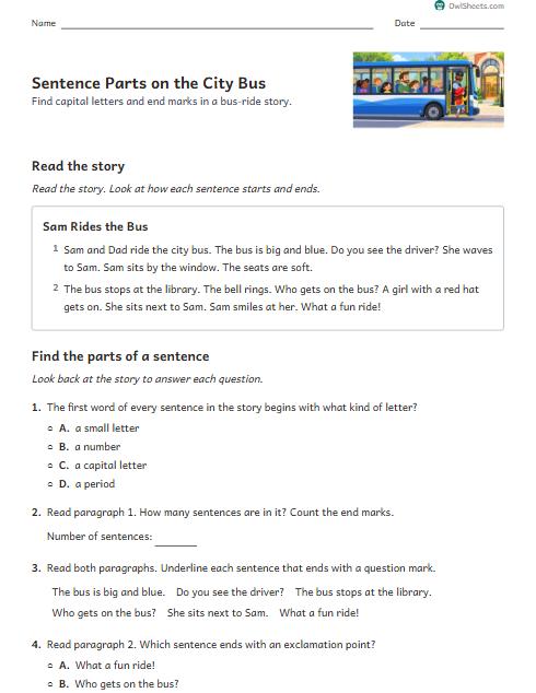Sentence Parts on the City Bus worksheet preview