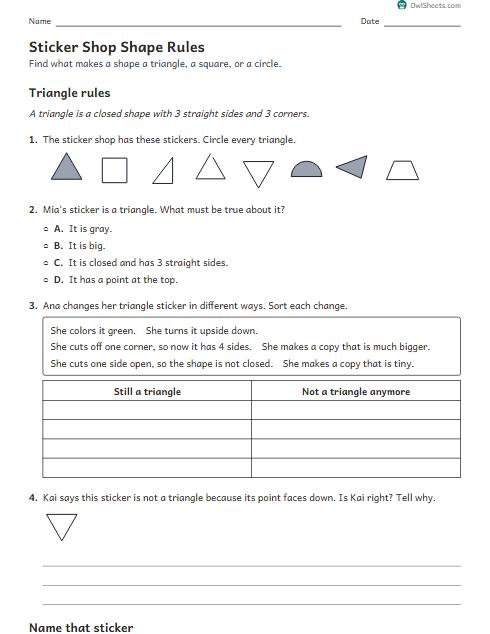 Sticker Shop Shape Rules worksheet preview