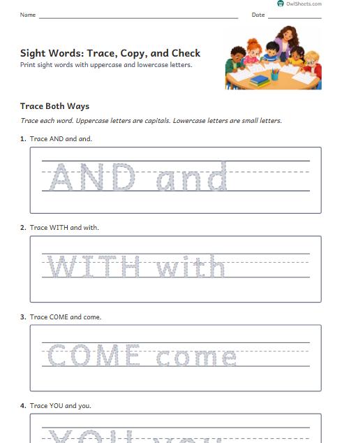 Sight Words: Trace, Copy, and Check worksheet preview