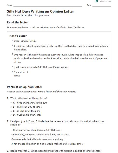 Silly Hat Day: Writing an Opinion Letter worksheet preview