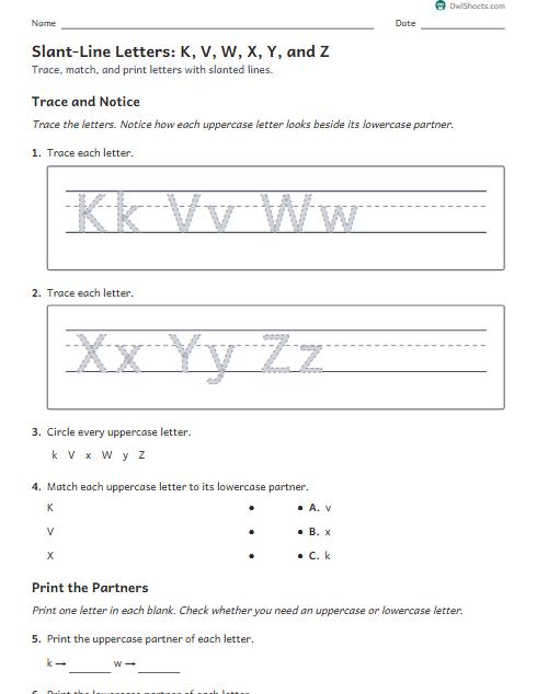 Slant-Line Letters: K, V, W, X, Y, and Z worksheet preview
