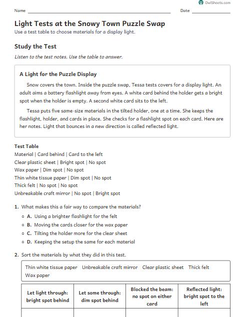 Light Tests at the Snowy Town Puzzle Swap worksheet preview