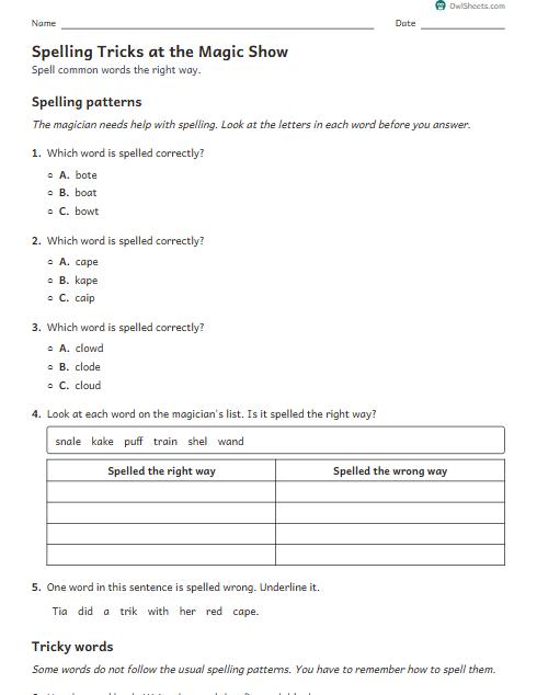 Spelling Tricks at the Magic Show worksheet preview