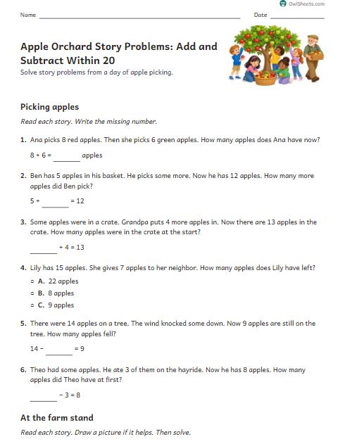 Apple Orchard Story Problems: Add and Subtract Within 20 worksheet preview