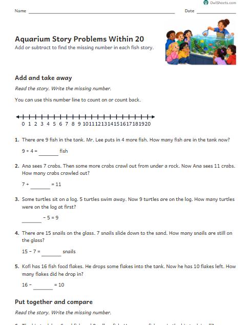 Aquarium Story Problems Within 20 worksheet preview