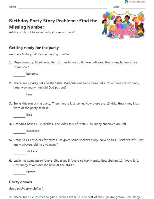 Birthday Party Story Problems: Find the Missing Number worksheet preview