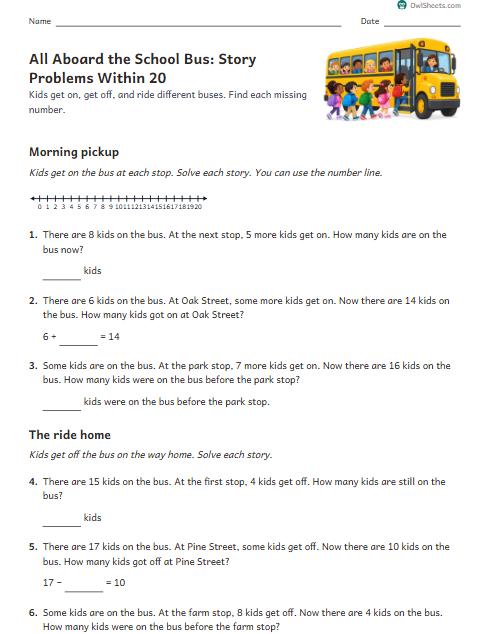 All Aboard the School Bus: Story Problems Within 20 worksheet preview