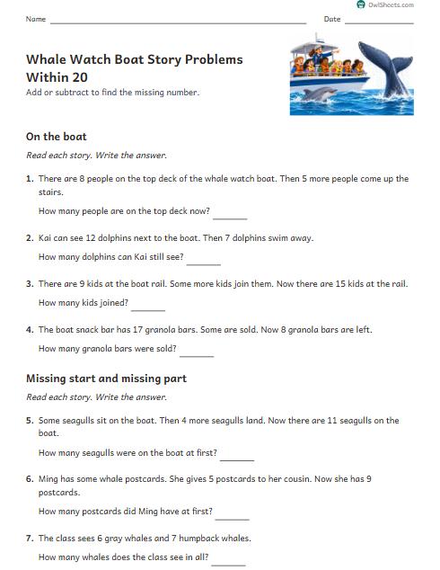 Whale Watch Boat Story Problems Within 20 worksheet preview