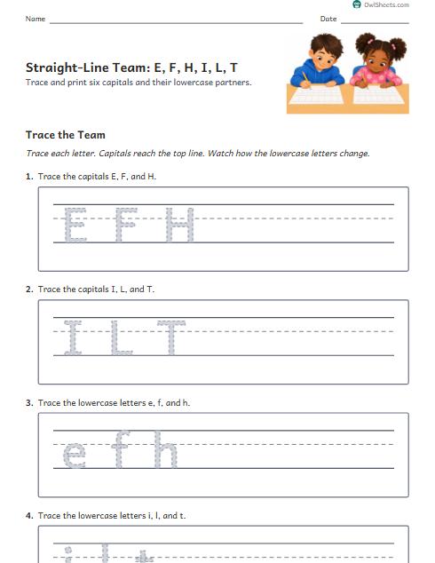 Straight-Line Team: E, F, H, I, L, T worksheet preview