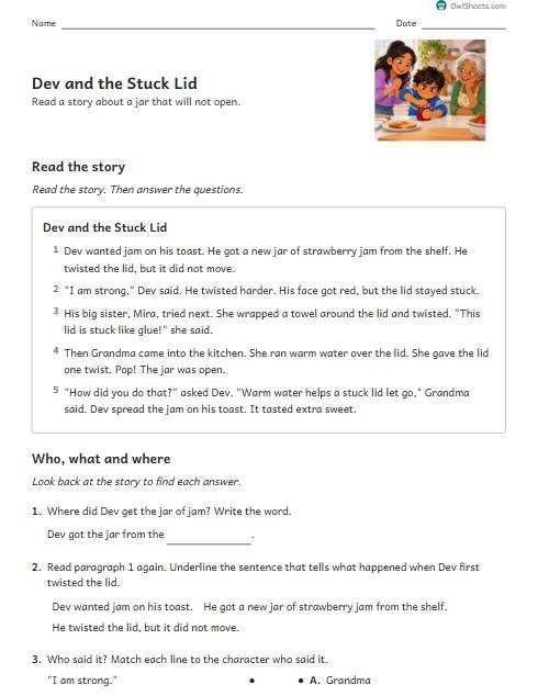 Dev and the Stuck Lid worksheet preview