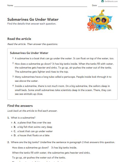 Submarines Go Under Water worksheet preview