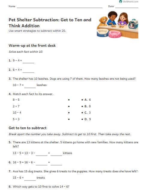 Pet Shelter Subtraction: Get to Ten and Think Addition worksheet preview