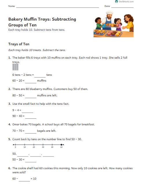 Bakery Muffin Trays: Subtracting Groups of Ten worksheet preview