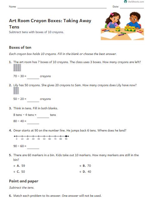 Art Room Crayon Boxes: Taking Away Tens worksheet preview