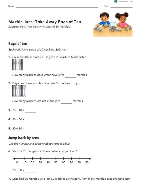 Marble Jars: Take Away Bags of Ten worksheet preview