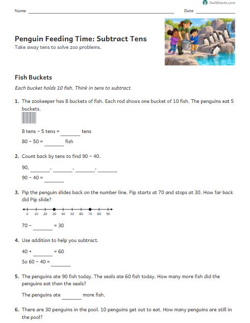 Penguin Feeding Time: Subtract Tens worksheet preview