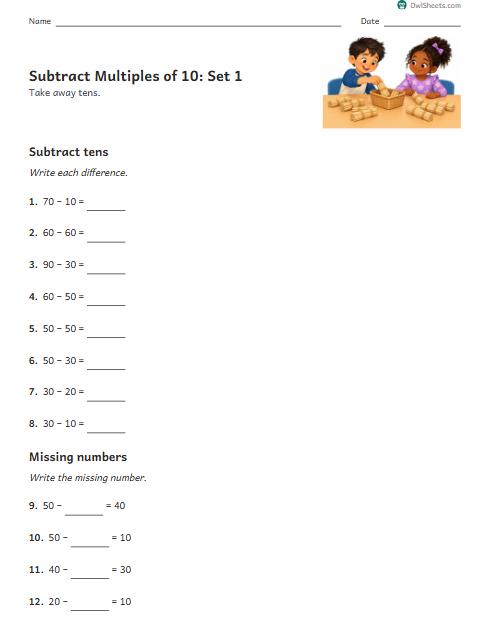 Subtract Multiples of 10: Set 1 worksheet preview