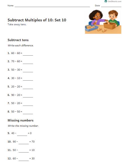 Subtract Multiples of 10: Set 10 worksheet preview