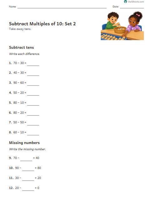 Subtract Multiples of 10: Set 2 worksheet preview