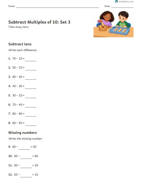 Subtract Multiples of 10: Set 3 worksheet preview