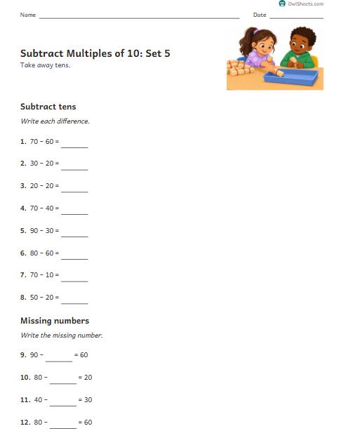 Subtract Multiples of 10: Set 5 worksheet preview