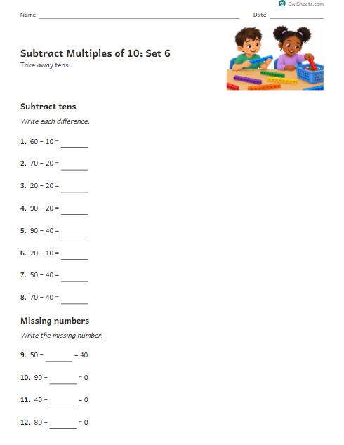 Subtract Multiples of 10: Set 6 worksheet preview