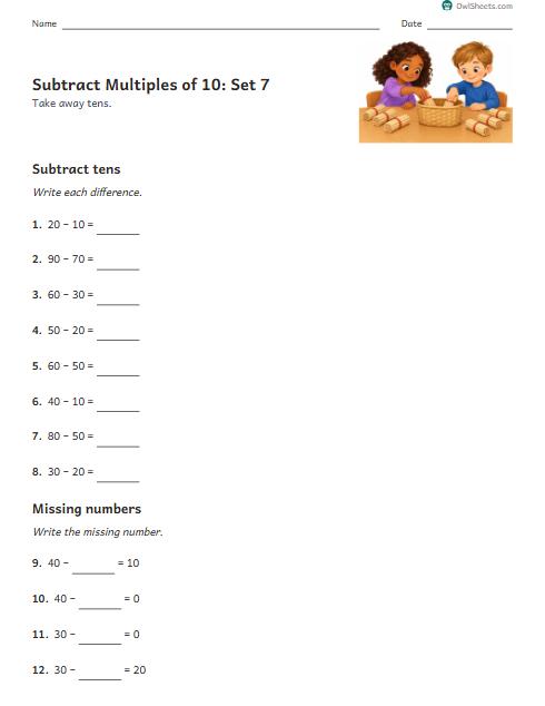 Subtract Multiples of 10: Set 7 worksheet preview
