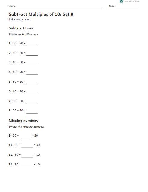 Subtract Multiples of 10: Set 8 worksheet preview