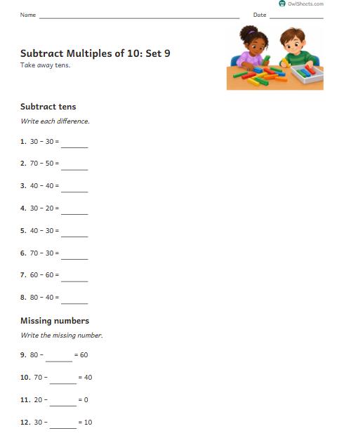 Subtract Multiples of 10: Set 9 worksheet preview