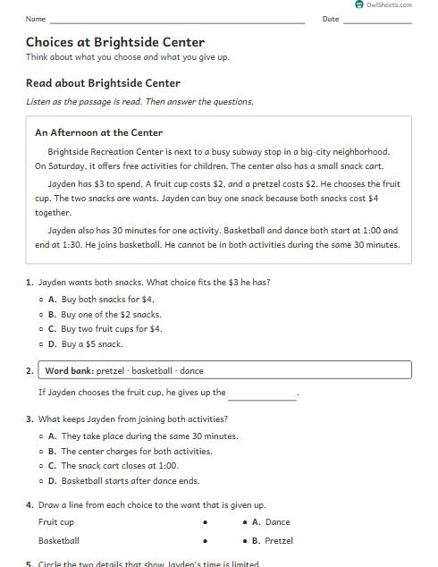 Choices at Brightside Center worksheet preview
