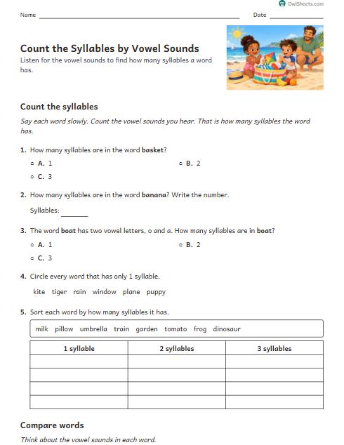 Count the Syllables by Vowel Sounds worksheet preview