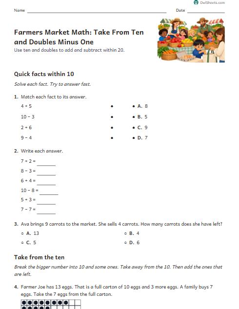 Farmers Market Math: Take From Ten and Doubles Minus One worksheet preview