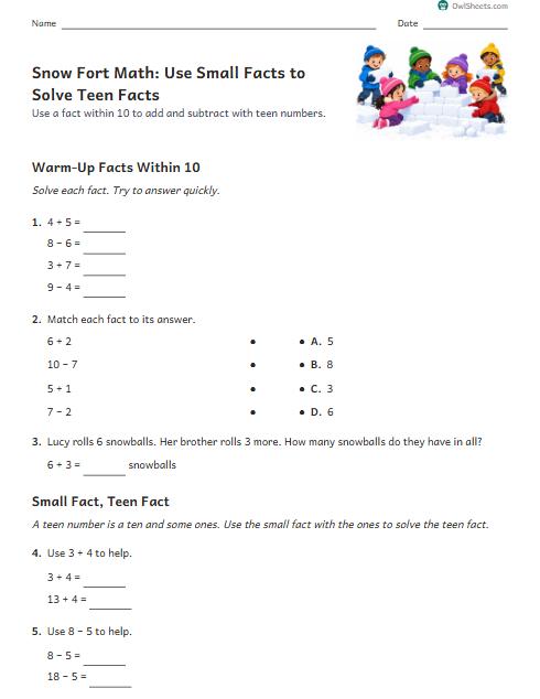 Snow Fort Math: Use Small Facts to Solve Teen Facts worksheet preview