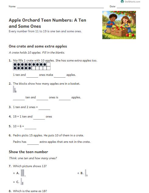 Apple Orchard Teen Numbers: A Ten and Some Ones worksheet preview
