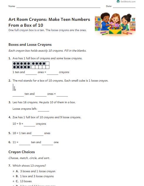 Art Room Crayons: Make Teen Numbers From a Box of 10 worksheet preview