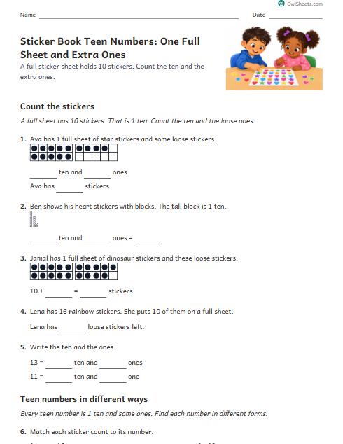 Sticker Book Teen Numbers: One Full Sheet and Extra Ones worksheet preview