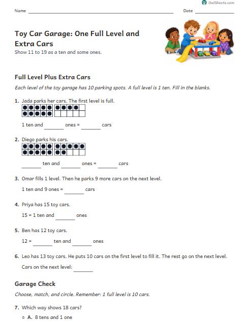 Toy Car Garage: One Full Level and Extra Cars worksheet preview