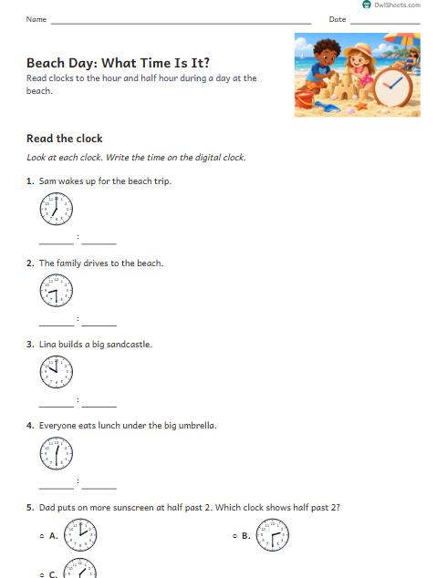 Beach Day: What Time Is It? worksheet preview