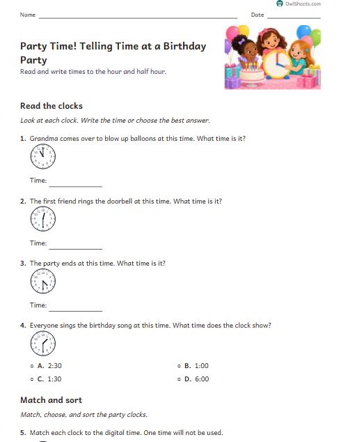 Party Time! Telling Time at a Birthday Party worksheet preview