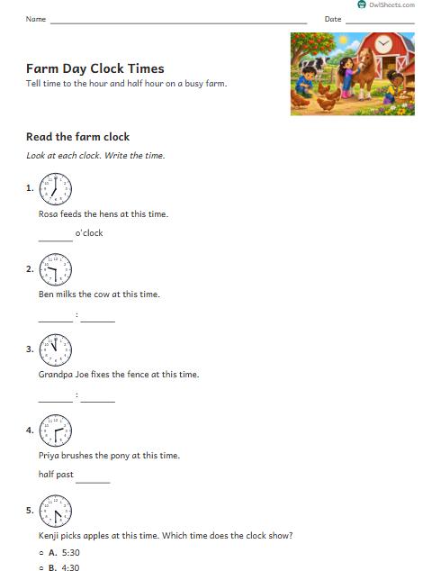 Farm Day Clock Times worksheet preview