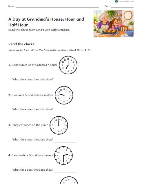 A Day at Grandma's House: Hour and Half Hour worksheet preview